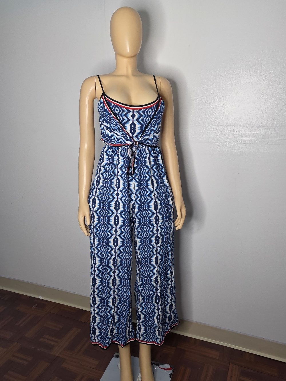 Flying Tomato Blue Geometric Print Wide-Leg Jumpsuit with Red Trim Size US/M